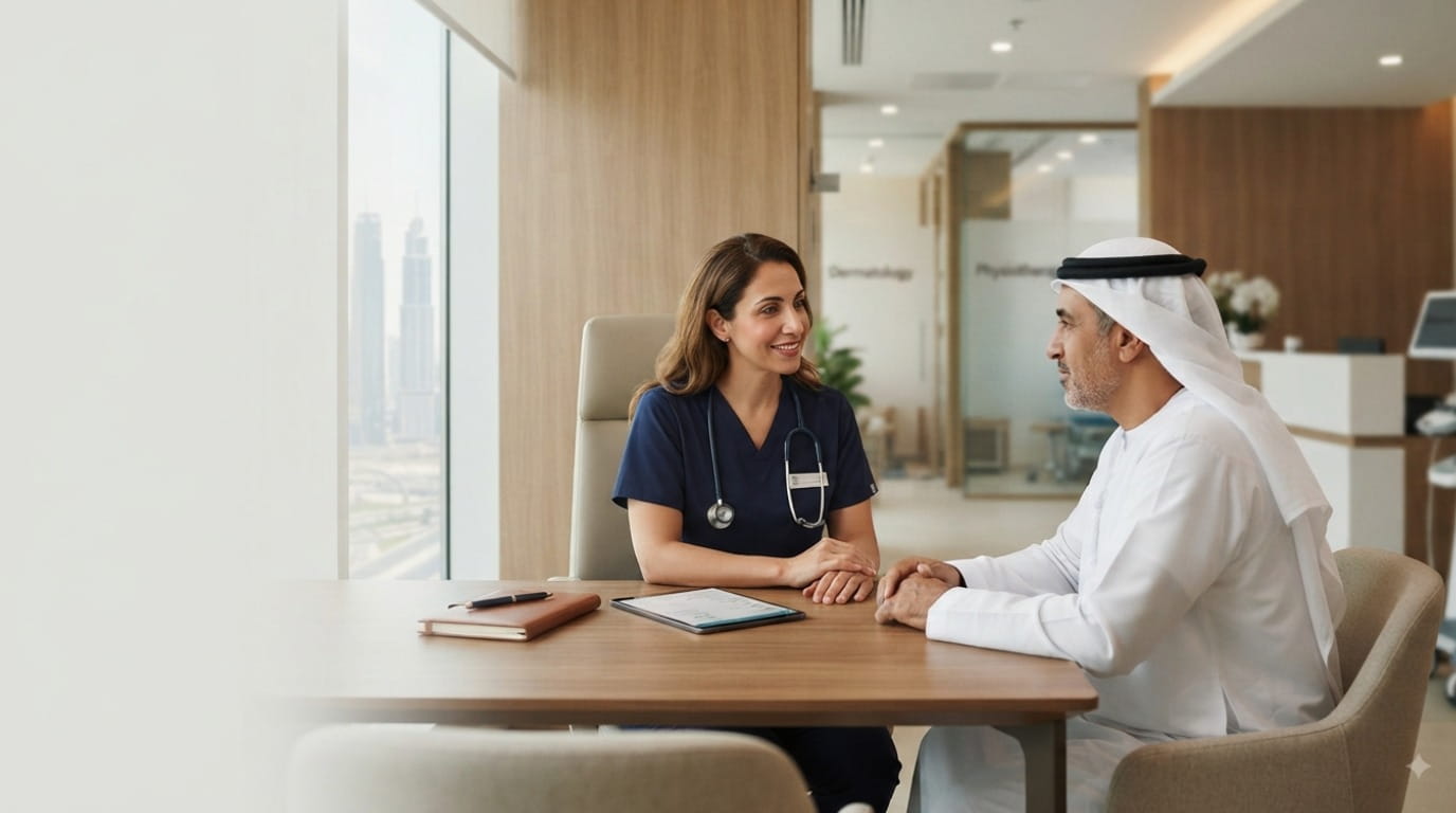 DHA-licensed doctor examining scalp for hair restoration Dubai
